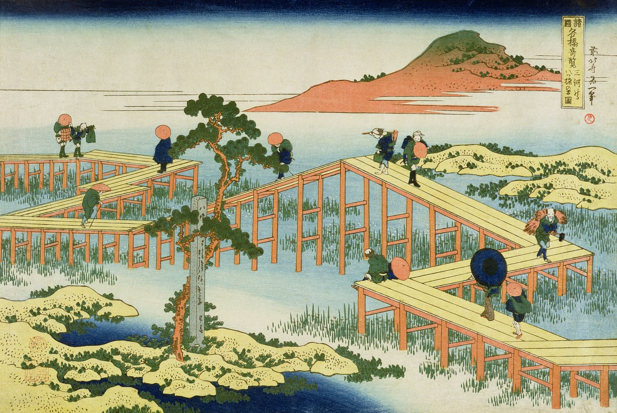 Sekiz parçalı köprü, Mucawa eyaleti, Japonya, 1830 dolayları (tahta blok baskı) by Katsushika Hokusai