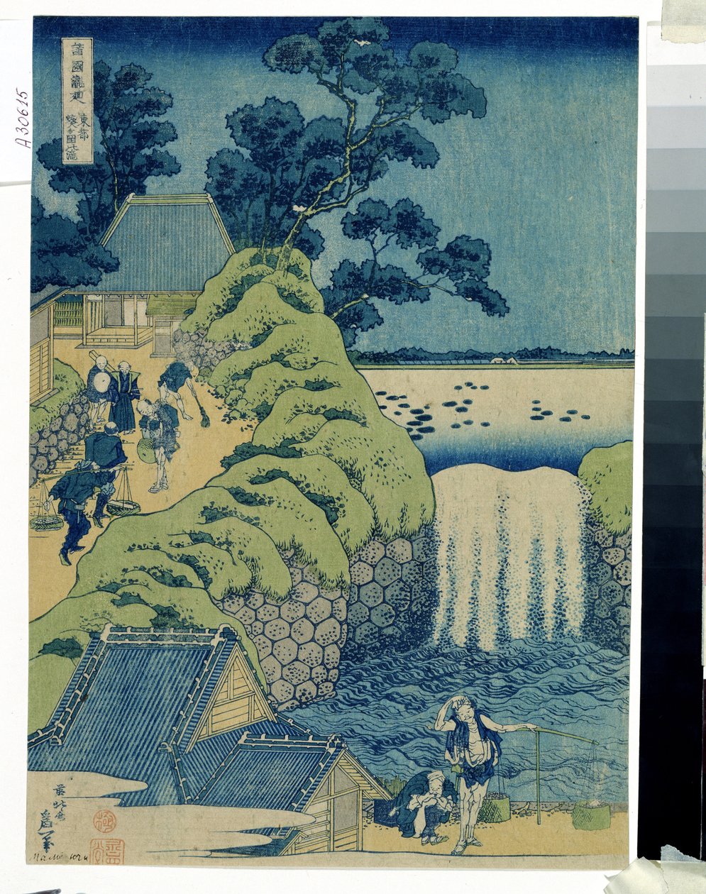 Japonca baskı: ""Les cascades Aigaoka"" (Şelale Aigaoka) (Çeşitli İllerin Şelaleleri serisinden) 1829 dolaylarında Katsushika Hokusai (1760-1849) tarafından farklı illerin şelaleleri üzerine bir dizi gravür by Katsushika Hokusai