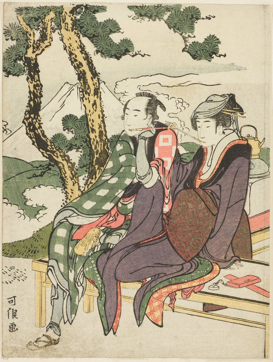 "Trajik Aşıklar (Michiyuki hakkei)" olarak bilinen isimsiz diziden Date no Yosaku ve Seki no Koman için Evening Glow by Katsushika Hokusai
