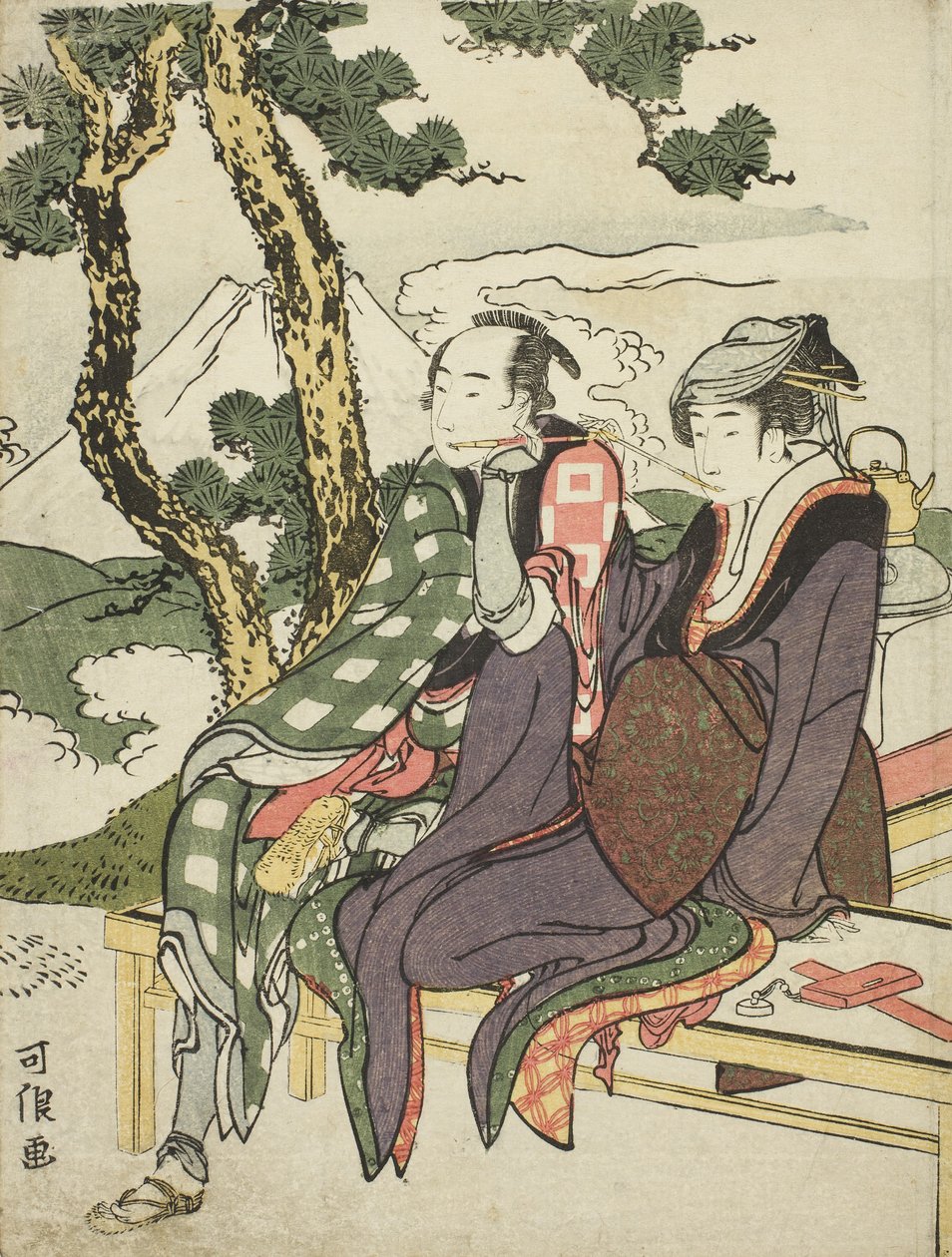 Eight Views of Tragic Lovers olarak bilinen isimsiz diziden Date no Yosaku ve Seki no Koman için Evening Glow by Katsushika Hokusai