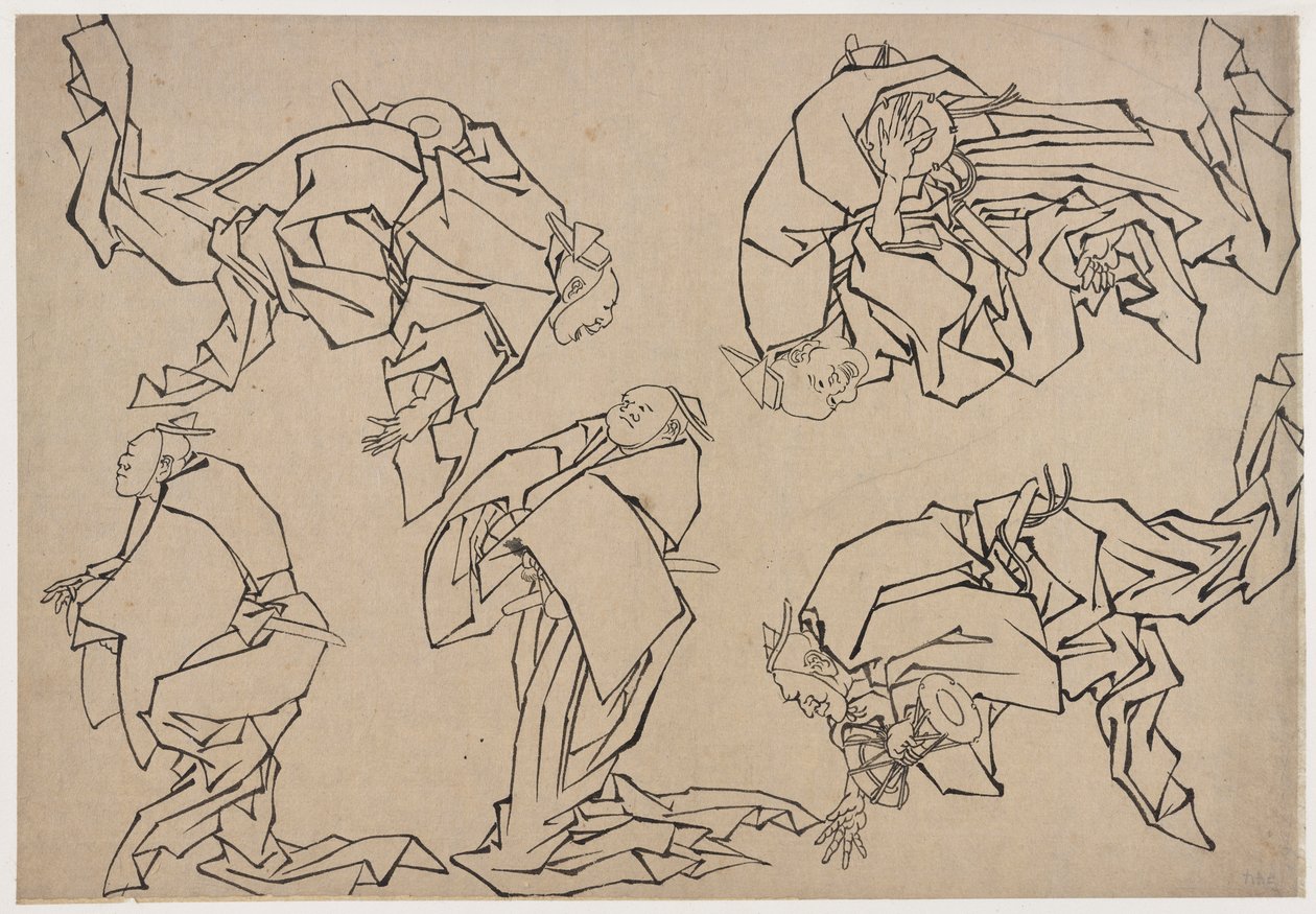 Beş müzisyen davul çalıyor, 18. yüzyılın sonları ve 19. yüzyılın başlarında. by Katsushika Hokusai