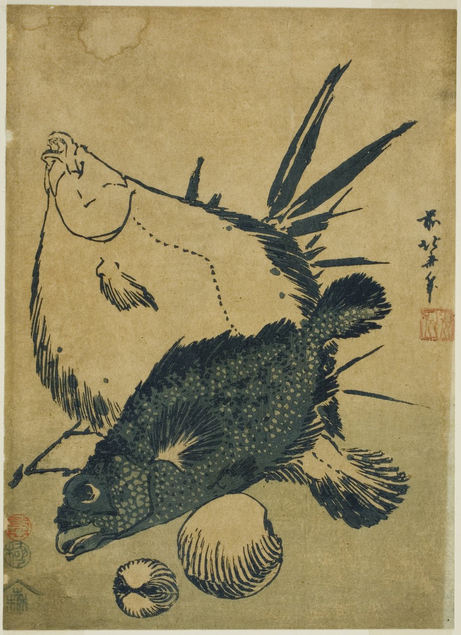 Yassı balık, akrep balığı ve kabuklar, isimsiz bir dizi chuban baskısından by Katsushika Hokusai