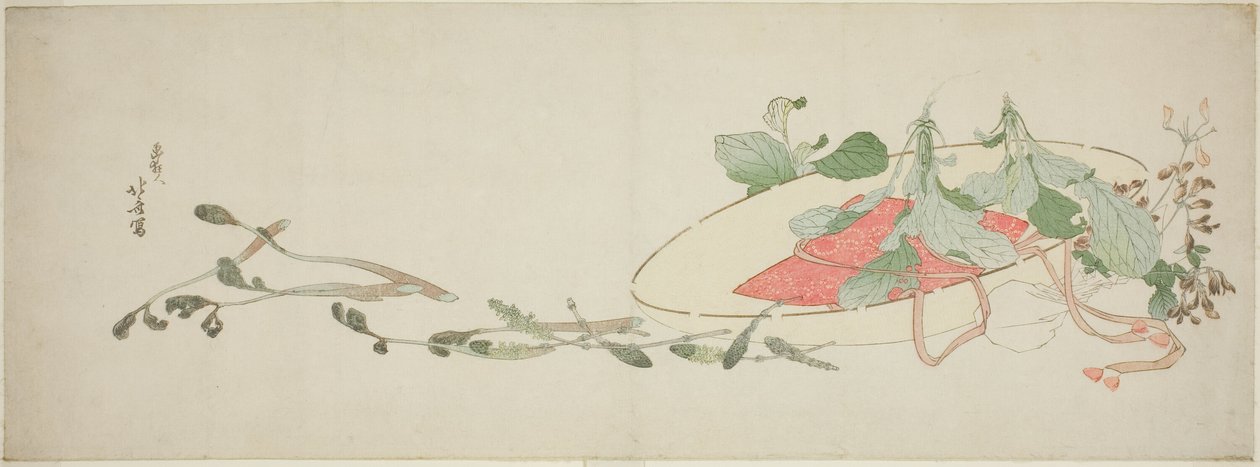 Şapkalı çiçekler ve bahar yeşillikleri by Katsushika Hokusai