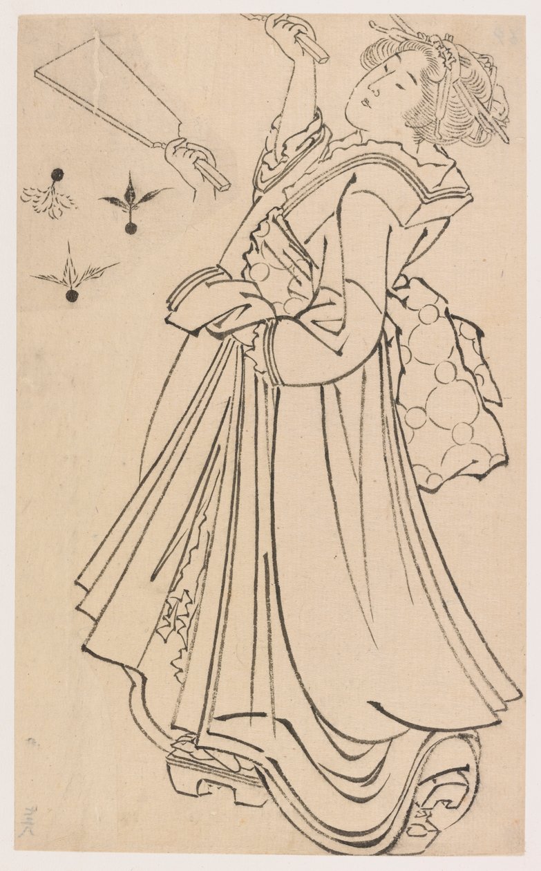 18. yüzyılın sonlarında ve 19. yüzyılın başlarında bir savaş kuşu ve raketle oynayan kız. by Katsushika Hokusai