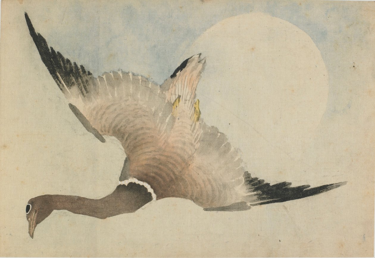 18. yüzyılın sonlarında 19. yüzyılın başlarında ayın önünde uçan kaz. by Katsushika Hokusai
