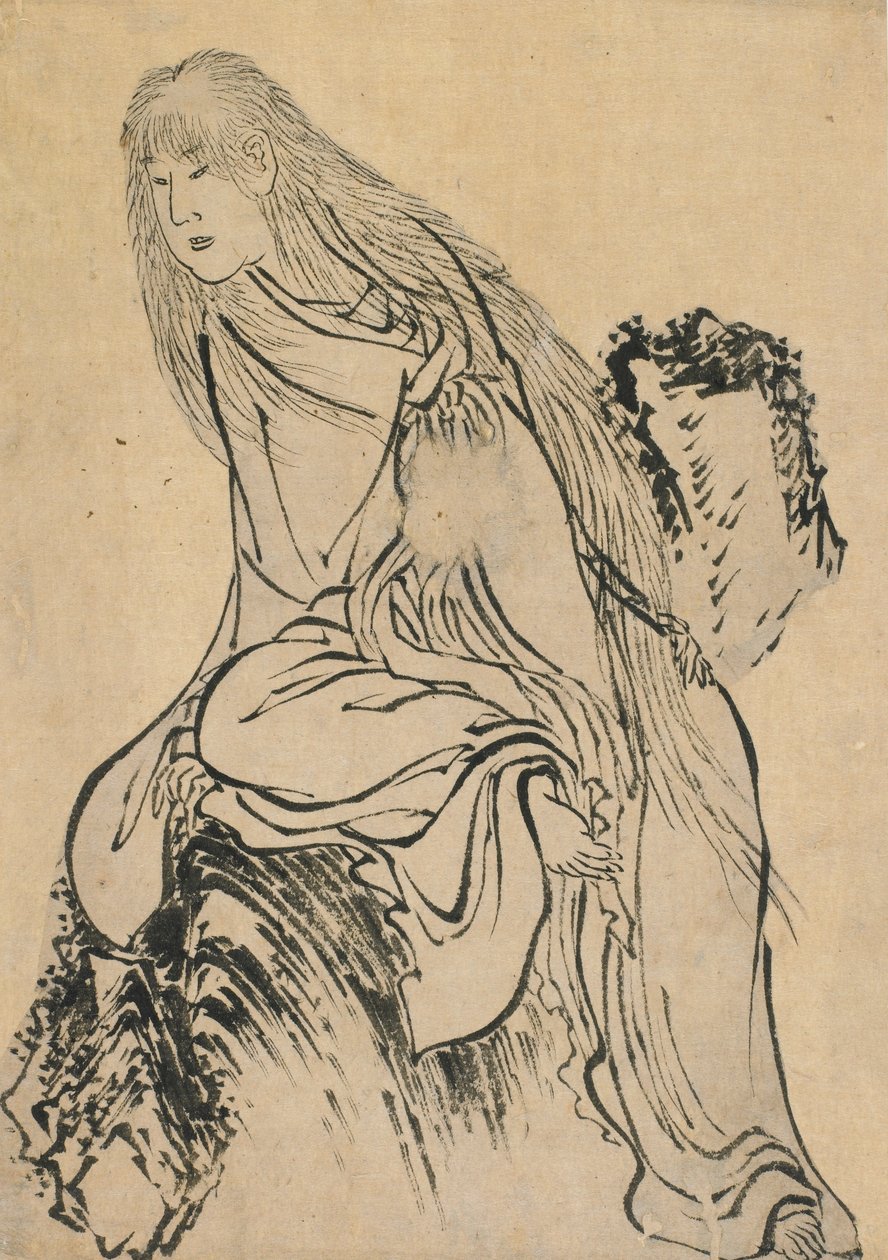 18. yüzyılın sonları ile 19. yüzyılın başlarında bir kayanın üzerinde dinlenen keşiş. by Katsushika Hokusai