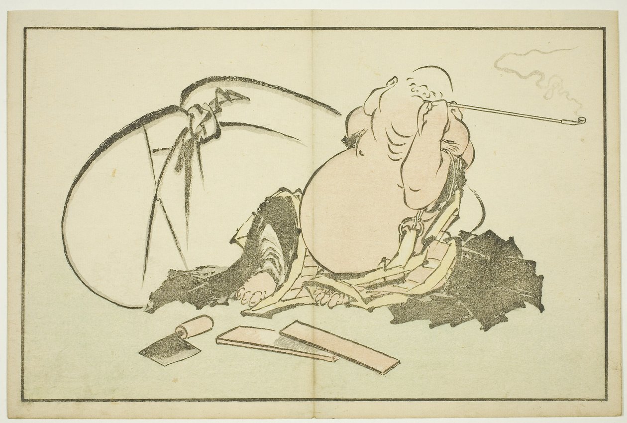 Hotei Piposunu İçiyor, Hokusai#39;nin Gerçekçi Resimlerinin Resimli Kitabı#39;ndan (Hokusai shashin gafu), c.1814 (renkli tahta baskı (albüm sayfası)) by Katsushika Hokusai