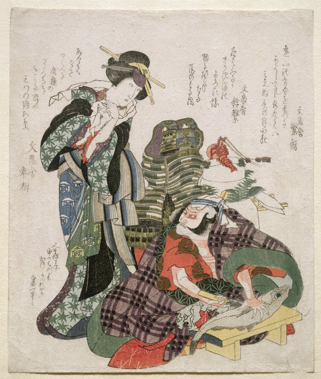 Ichikawa Danjuro ve Ichikawa Mon Osuke As Jagekiyo ve Iwai Kume Saburo, 1824 by Katsushika Hokusai