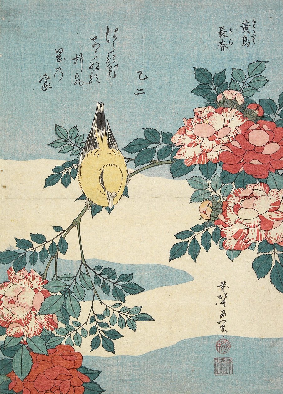 Japon Bülbül ve Gül Spreyi, c. 1832 by Katsushika Hokusai