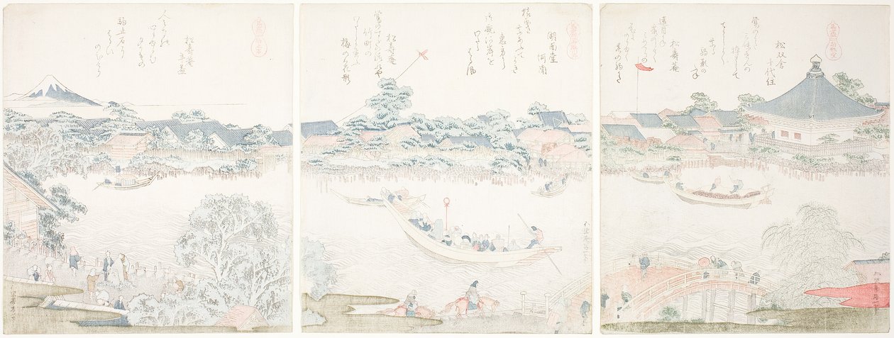 "Atların Seçimi (Uma zukushi)" serisinden Komagata Salonu ve O-umaya Nehri Bankası, by Katsushika Hokusai
