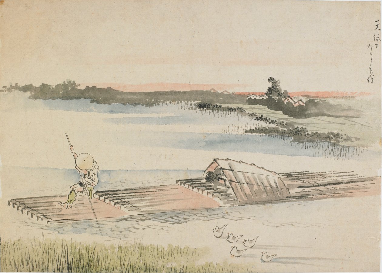 Manzara: 18. yüzyılın sonları ve 19. yüzyılın başlarında salını gözetleyen kayıkçı. by Katsushika Hokusai