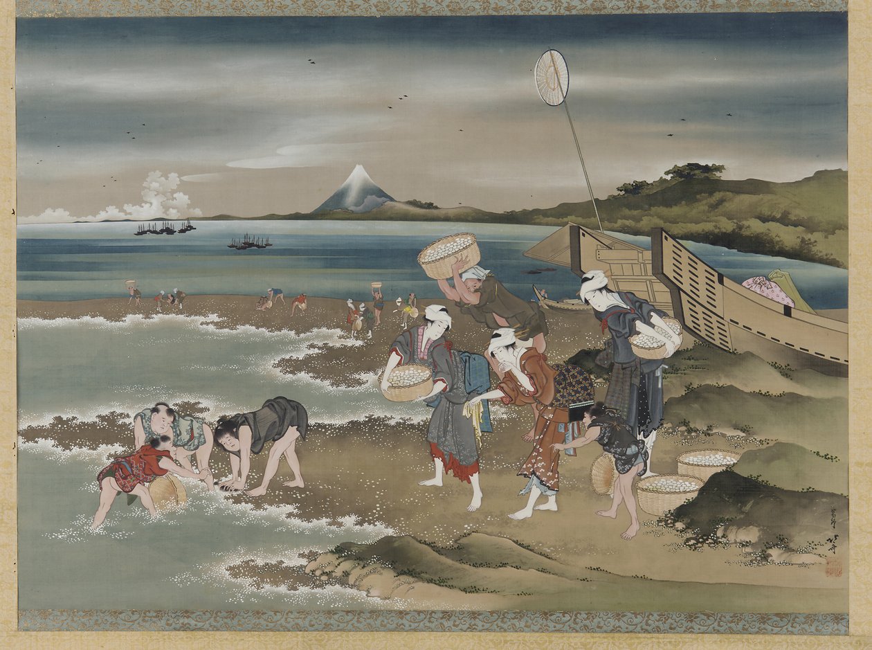 Manzara: kıyıdaki deniz tarağı toplayıcıları (ipek üzerine mürekkep ve renk) by Katsushika Hokusai