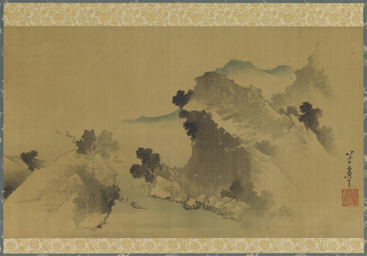 Manzara: dağlar, dere ve tekneler, Edo Dönemi (ipek panel üzerine mürekkep ve renk) by Katsushika Hokusai