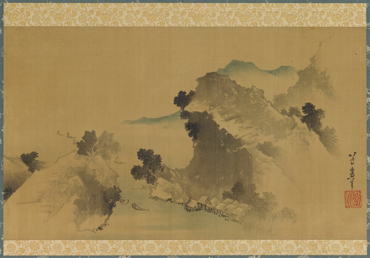 Manzara: dağlar, akarsu ve tekneler, 18. yüzyılın sonları ve 19. yüzyılın başlarında. by Katsushika Hokusai