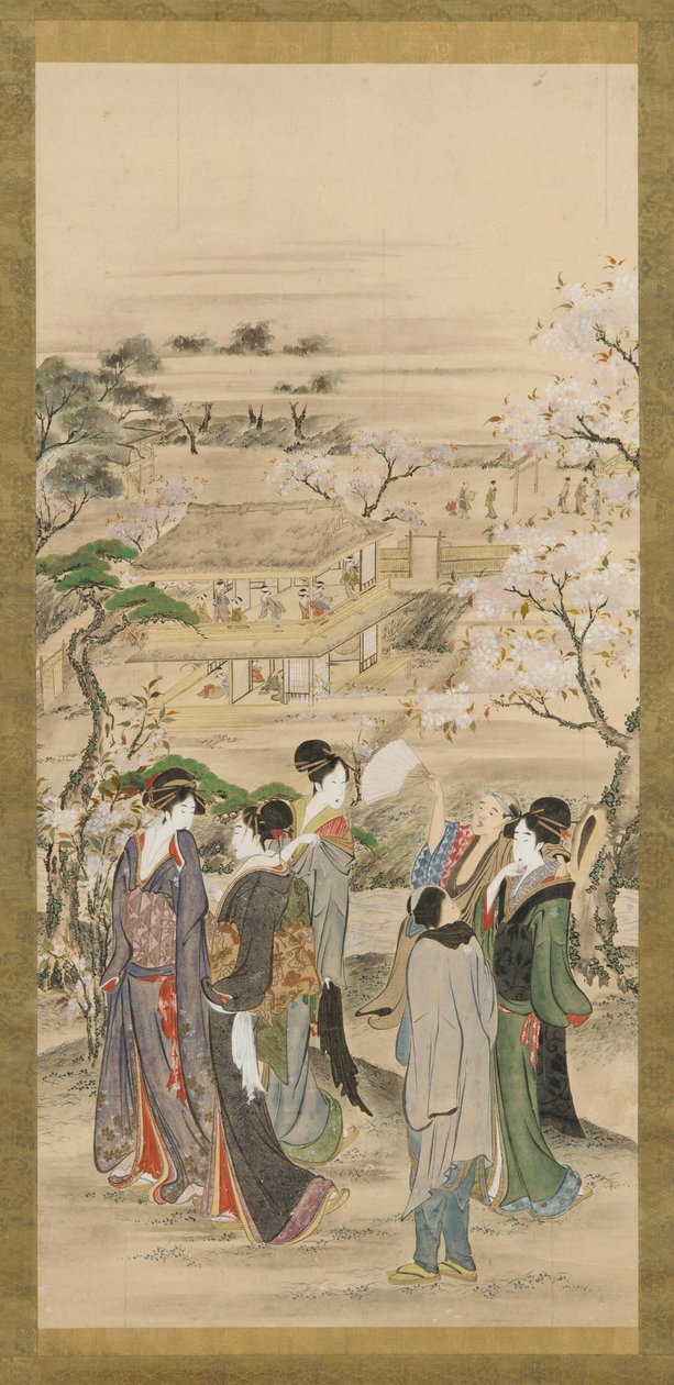 Manzara: 18. yüzyılın sonları ile 19. yüzyılın başlarında kiraz çiçeklerine bakan kadın ve erkek partileri. by Katsushika Hokusai