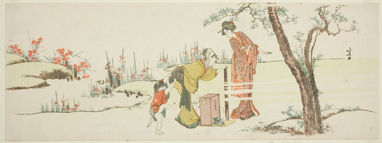 Saç bağlamak için kağıt kordonlar yapmak by Katsushika Hokusai