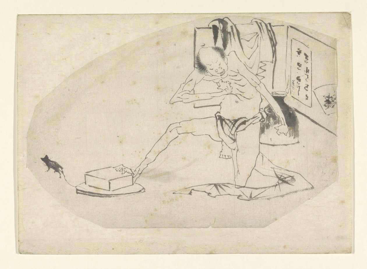 Peştemalli adam, kutu ve fare by Katsushika Hokusai
