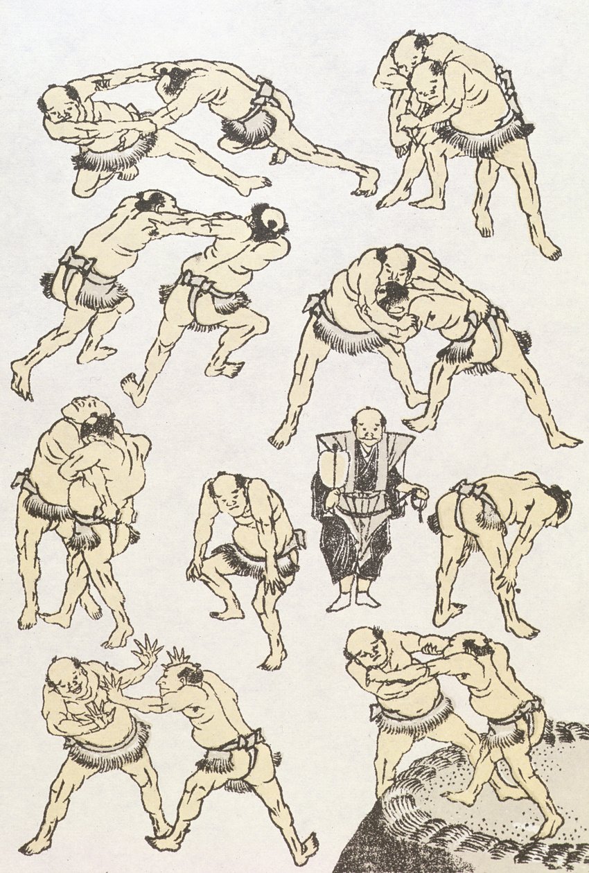 Manga: güreşçilerin jest ve duruş çalışmaları, pub. 1849, (renkli tahta baskı) by Katsushika Hokusai