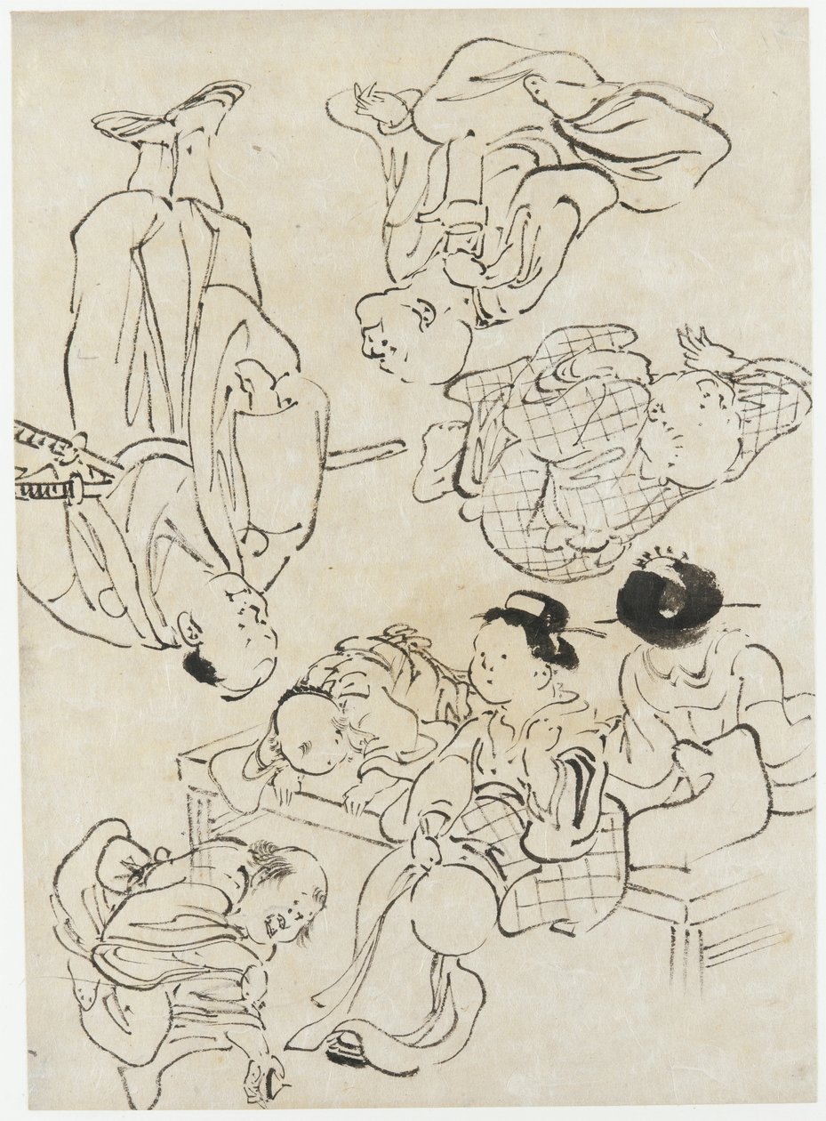 Çeşitli figürler: yaz zevkleri, verandada oturan figürler ve (alt) Samuray, Edo dönemi (kağıt üzerine mürekkep) by Katsushika Hokusai