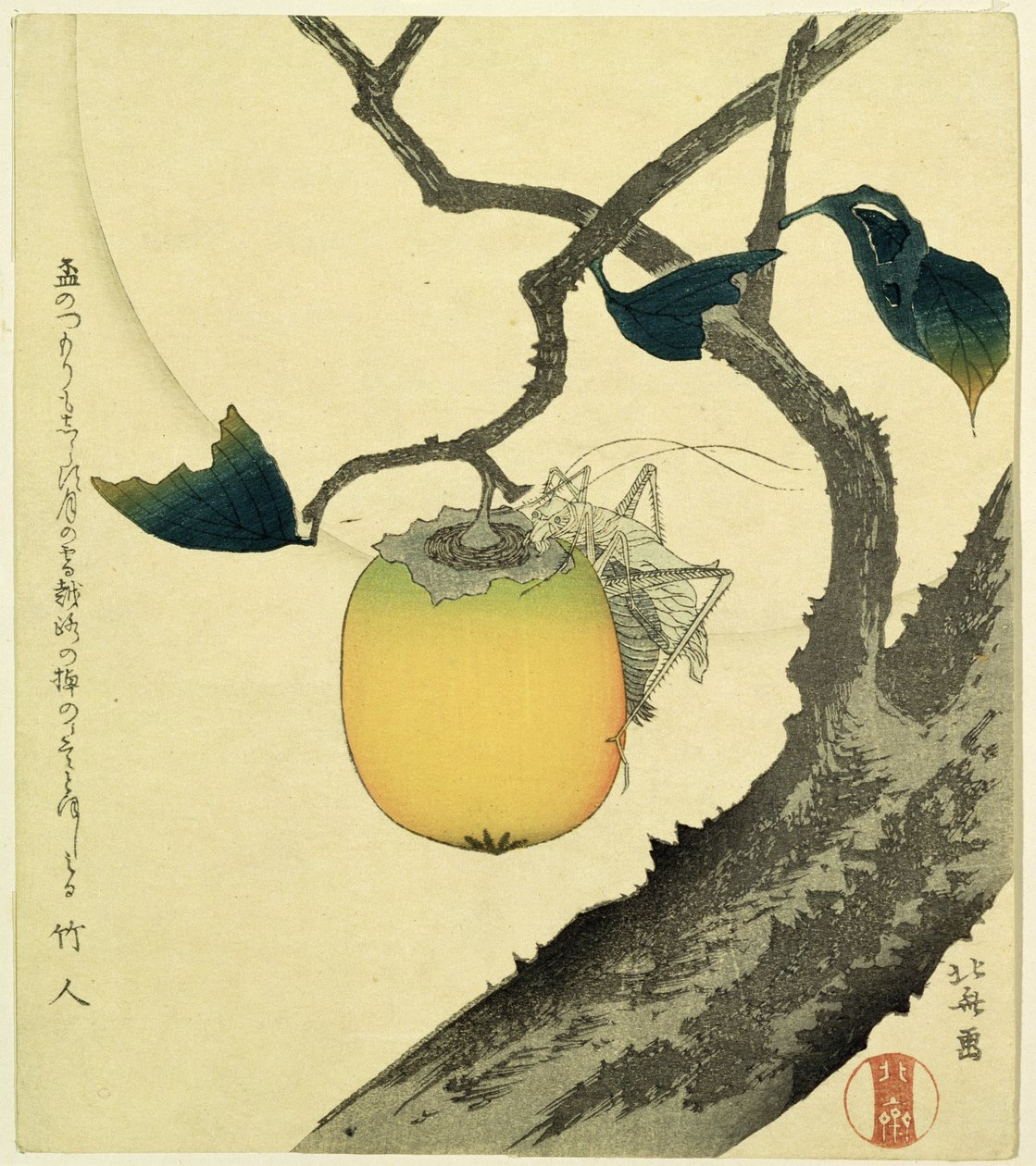 Ay, Trabzon Hurması ve Çekirge, 1807 (renkli gravür) by Katsushika Hokusai