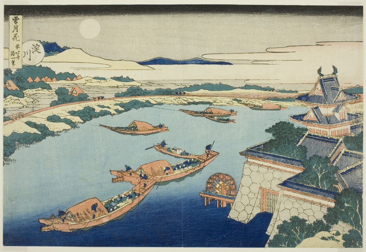 Yodo Nehri (Yodogawa) üzerindeki Mehtap, "Kar, Ay ve Çiçekler (Setsugekka)" dizisinden by Katsushika Hokusai