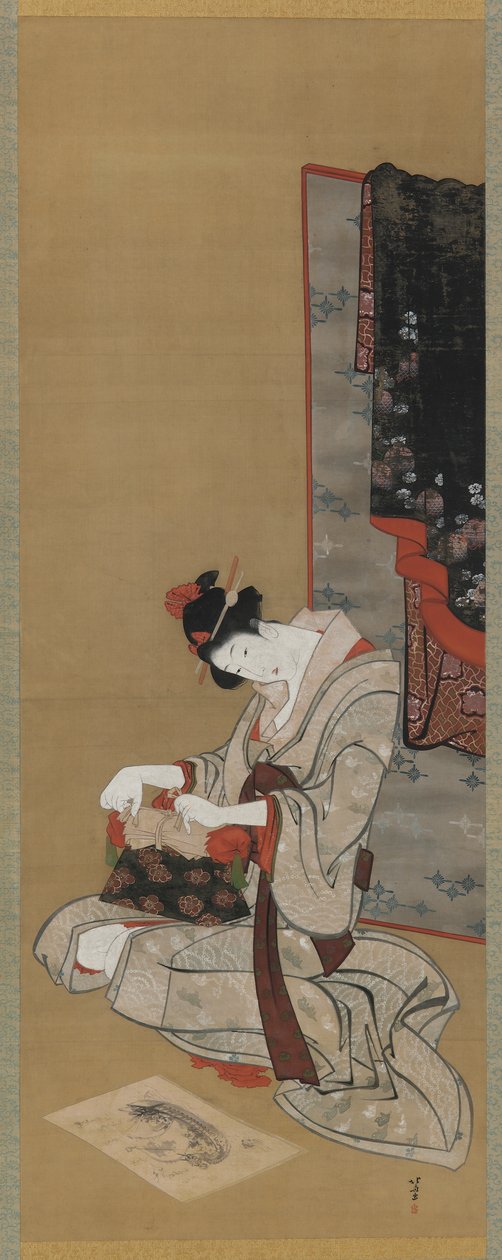 Yeni Yıl Özel: Yeni Yıl Sabahında Makyaj, Edo dönemi, c.1806-11 (ipek üzerine mürekkep ve renk) by Katsushika Hokusai