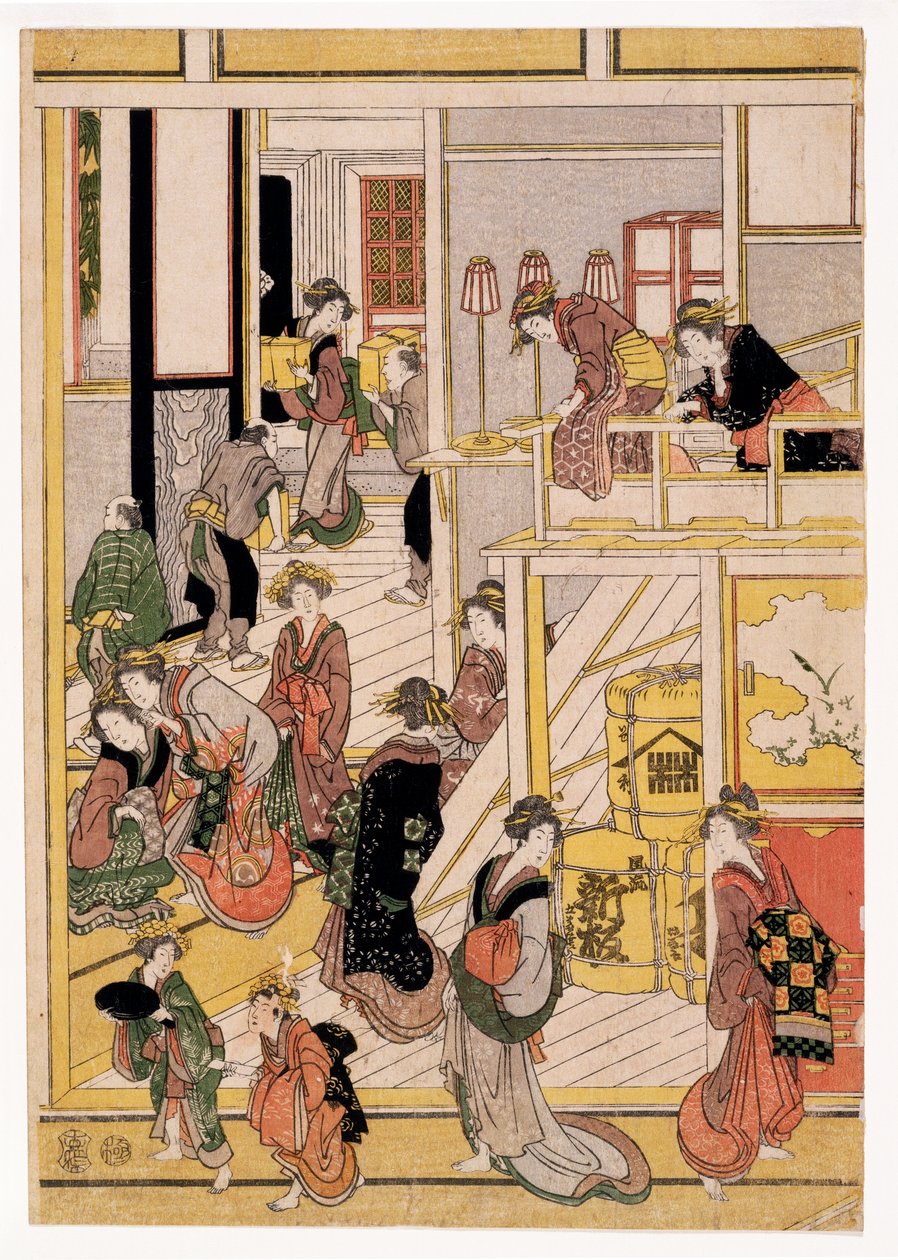 Çayevinin Yeni Yıl Günleri Ogi-ya, c.1810 (tahta baskılar) (ayrıca bkz. 406534, 406535 ve 406536) by Katsushika Hokusai