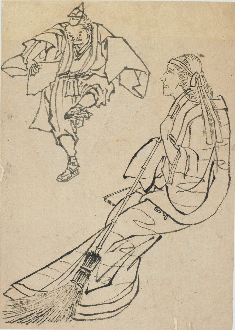 18. yüzyılın sonlarında 19. yüzyılın başlarında yelpazeli bir adamın önünde dans ettiği bankta oturan yaşlı kadın. by Katsushika Hokusai