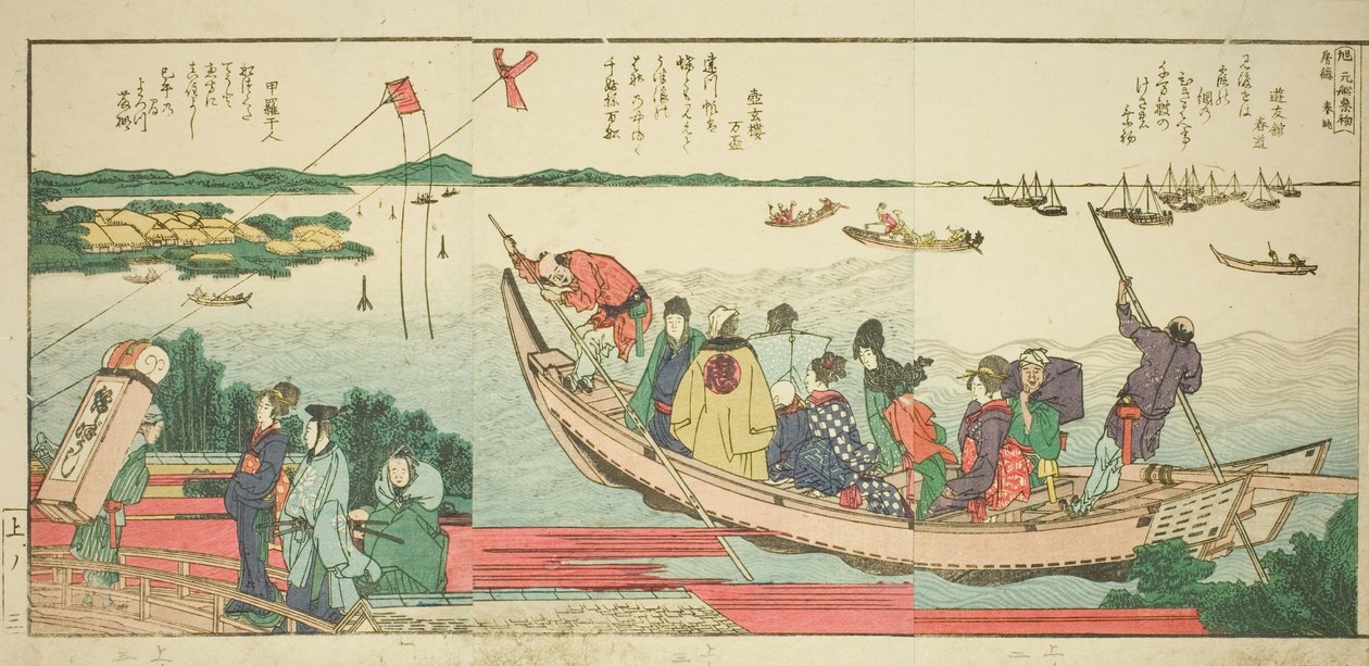 "Sumida Nehri Kıyılarında Panoramik Manzaralar (Ehon Sumidagawa ryogan ichiran)" adlı resimli kitaptan sayfalar by Katsushika Hokusai