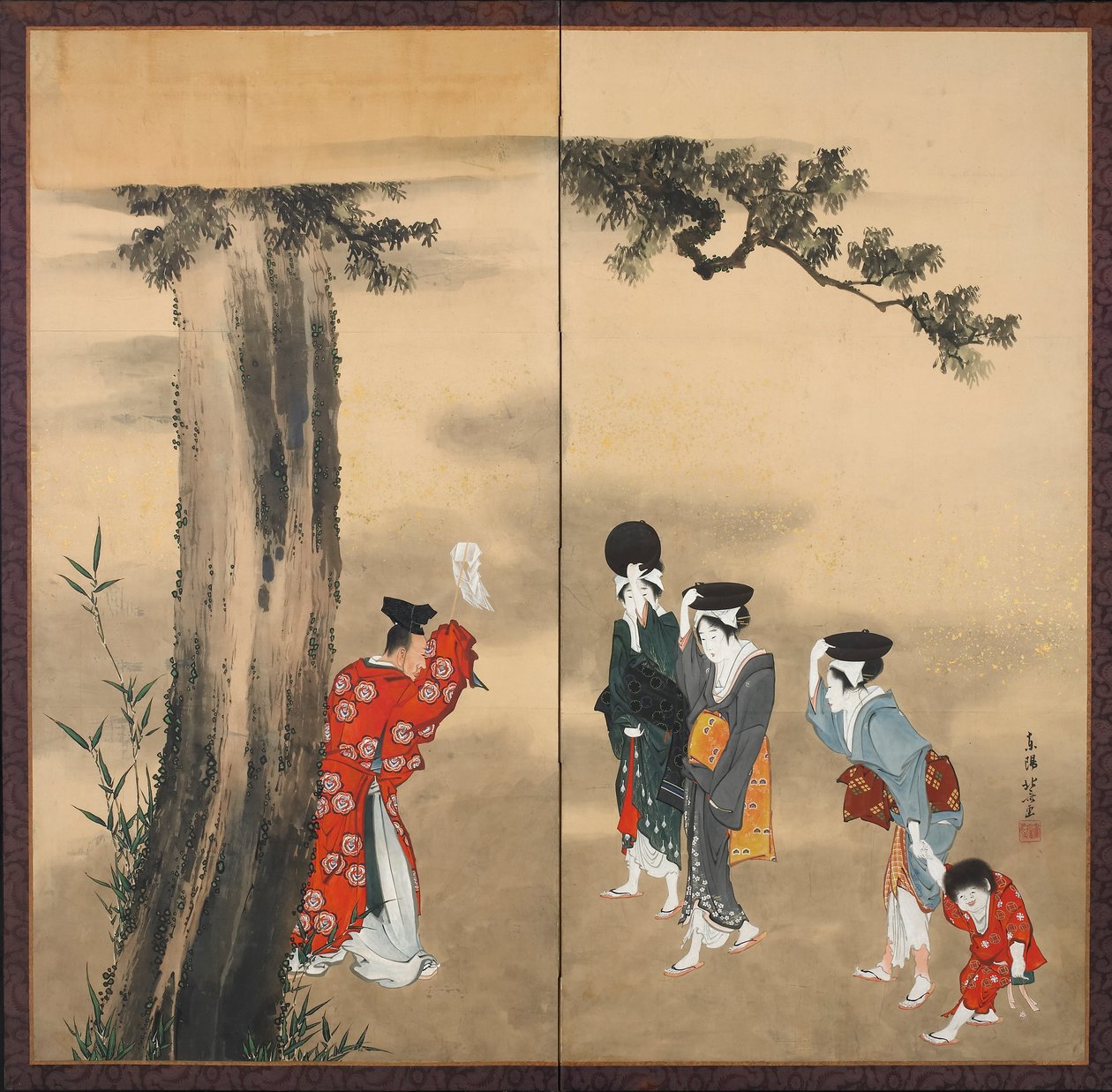 Kağıttan iki katlı ekran: Bir Şinto Rahibi, Üç Kadın ve Çam Ağacının Altında Bir Çocuk, Edo Dönemi, c.1799-1801 (kağıt üzerine mürekkep, altın ve renkli) by Katsushika Hokusai