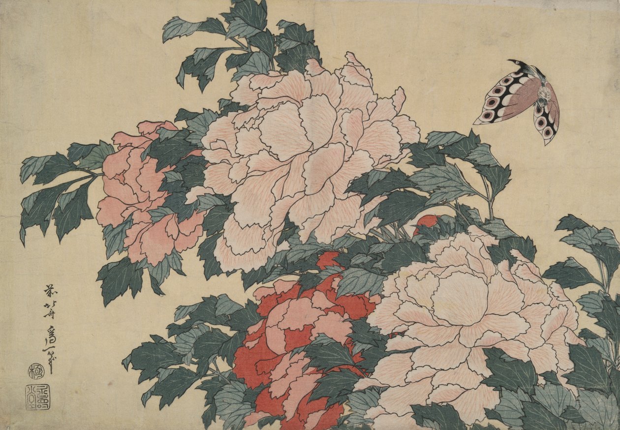 Büyük Çiçekler adlı isimsiz bir diziden Şakayık ve Kelebek by Katsushika Hokusai