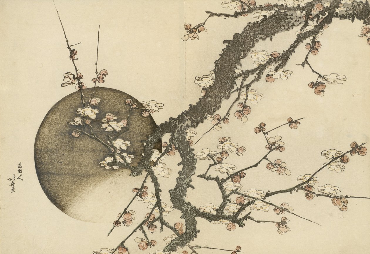 İlkbaharda Fuji Dağı kitabından Erik Çiçeği ve Ay by Katsushika Hokusai