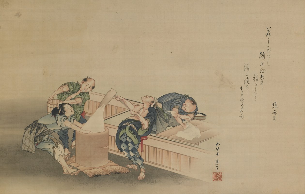Momomoto Hinamaro tarafından yazılmış Mochi için Pounding Rice, Edo dönemi, c.1822 (asma tomar olarak monte edilmiş ipek üzerine mürekkep ve renk) by Katsushika Hokusai