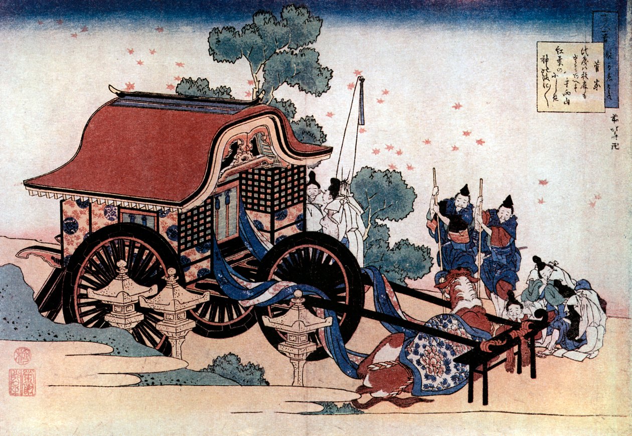 Üç tekerlekli bir arabayı çekmek, Japon gravürü, c1780-1849. by Katsushika Hokusai