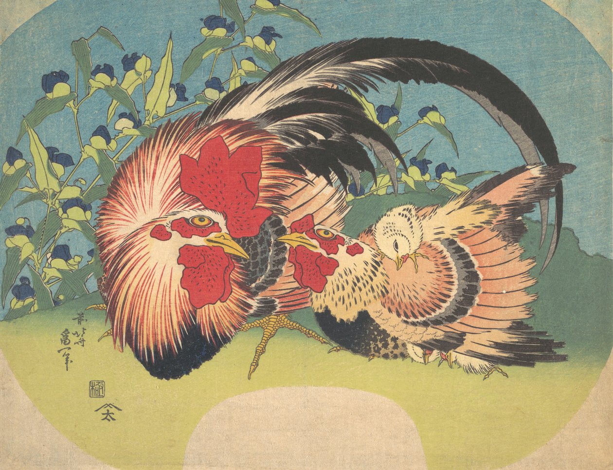 Spiderwort ile Horoz, Tavuk ve Tavuk, ca. 1830-33. by Katsushika Hokusai