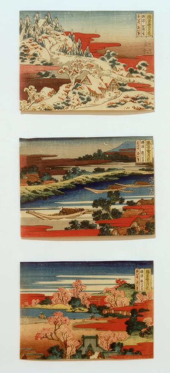 Güzel manzaralarda kar, ay ve çiçekler by Katsushika Hokusai
