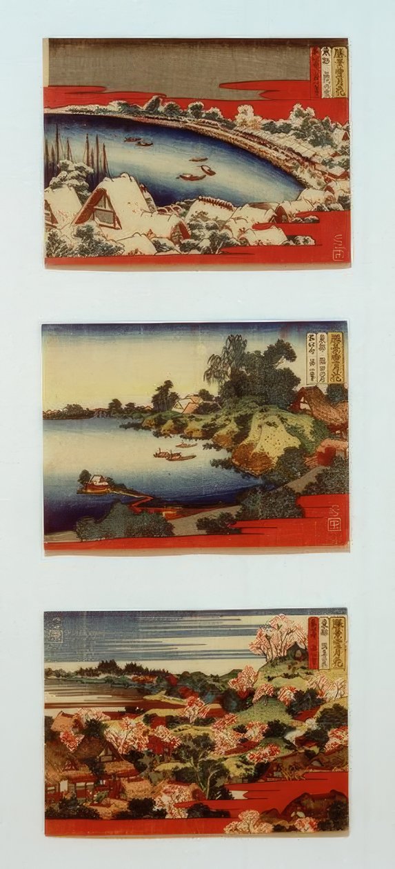 Güzel manzaralarda kar, ay ve çiçekler by Katsushika Hokusai