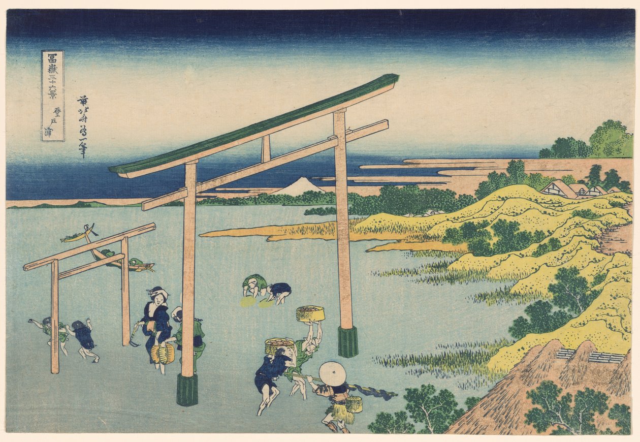 "Fuji Dağı'nın Otuz Altı Manzarası (Fugaku sanjurokkei)" serisinden Nobutoura'da (Nobutoura) deniz kıyısı by Katsushika Hokusai
