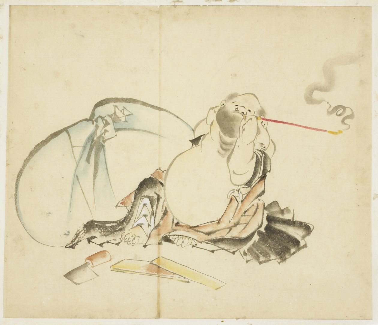 Oturan Hotei Pipo İçiyor, yaklaşık. 1815-1849 (kağıt üzerinde mürekkep ve renk) by Katsushika Hokusai