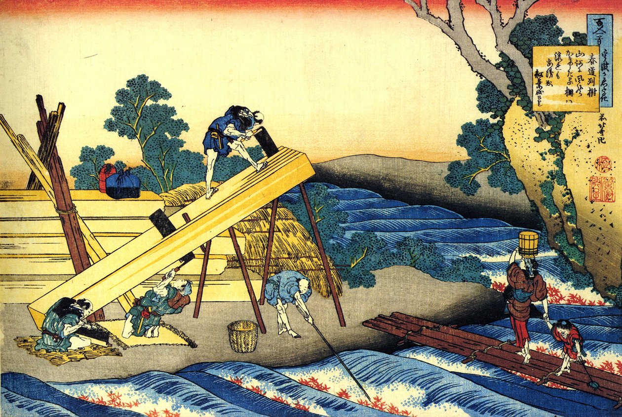 Yüz şairin yüz şiir dizisi: ""Harumichi no Tsubaki"" Marangozlar iş başında - Basım Katsushika Hokusai (1760-1849) (ukiyo-e okulu) yaklaşık 1830 Devlet İnziva Yeri Sankt Petersburg by Katsushika Hokusai