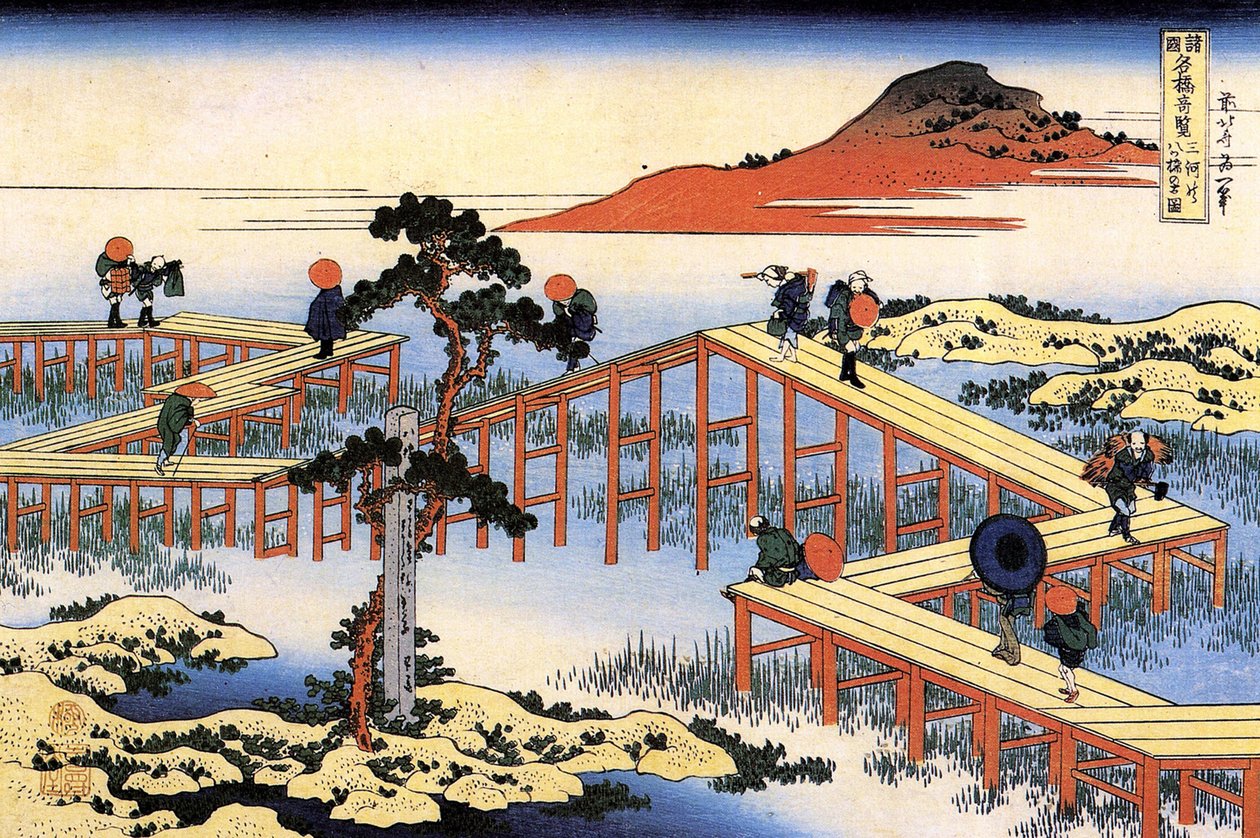 Farklı illerden köprülerin olağanüstü manzaraları: Mikawa eyaletindeki Yatsuhashi köprüsü, Japonya - Katsushika Hokusai (1760-1849) (ukiyo-e okulu) 1835 Devlet İnziva Yeri Sankt Petersburg Rusya by Katsushika Hokusai
