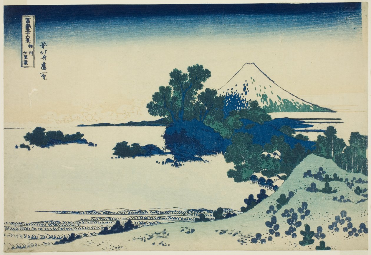Sagami Eyaletindeki Shichirigahama Plajı (Shoshu Shichirigahama), "Fuji Dağı'nın Üç Altı Görünümü (Fugaku sanjurokkei)" serisinden by Katsushika Hokusai