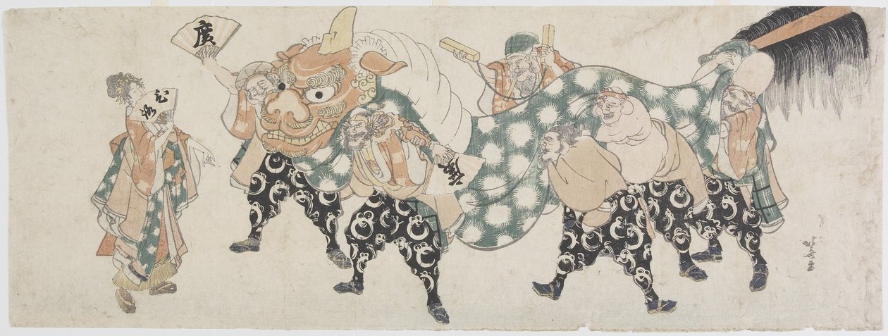 Aslan Dansı Yapan Altı Erkek Tanrı, 1797-1819 (renkli tahta baskı) by Katsushika Hokusai
