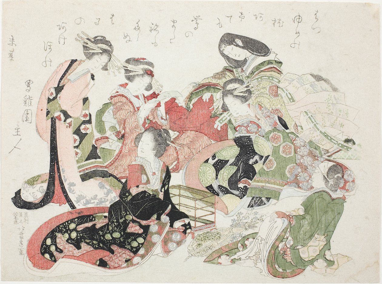 Bir kuş kafesi etrafında oturan altı kadın by Katsushika Hokusai