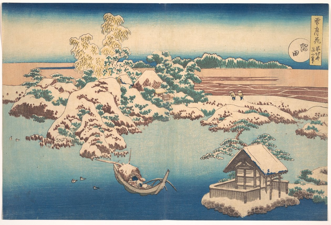 Sumida Nehrinde Kar, Kar, Ay ve Çiçekler dizisinden, pub.1833 by Katsushika Hokusai