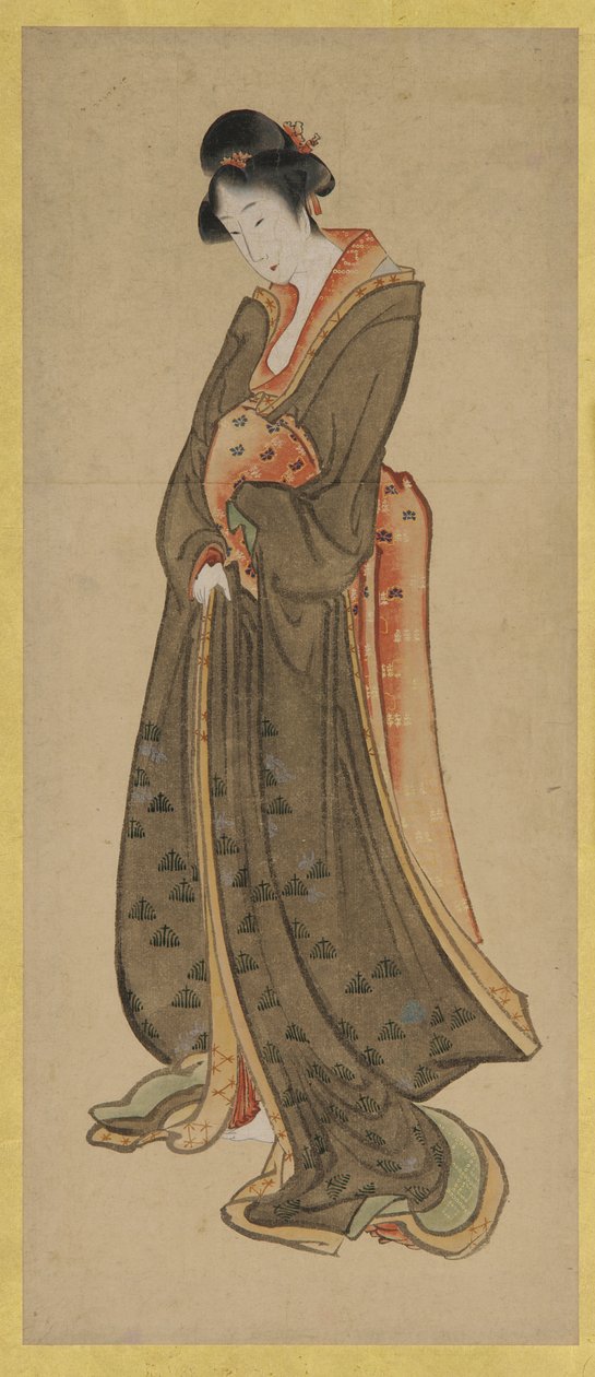 18. yüzyılın sonlarında ve 19. yüzyılın başlarında uzun boylu bir kızın ayakta duran figürü. by Katsushika Hokusai