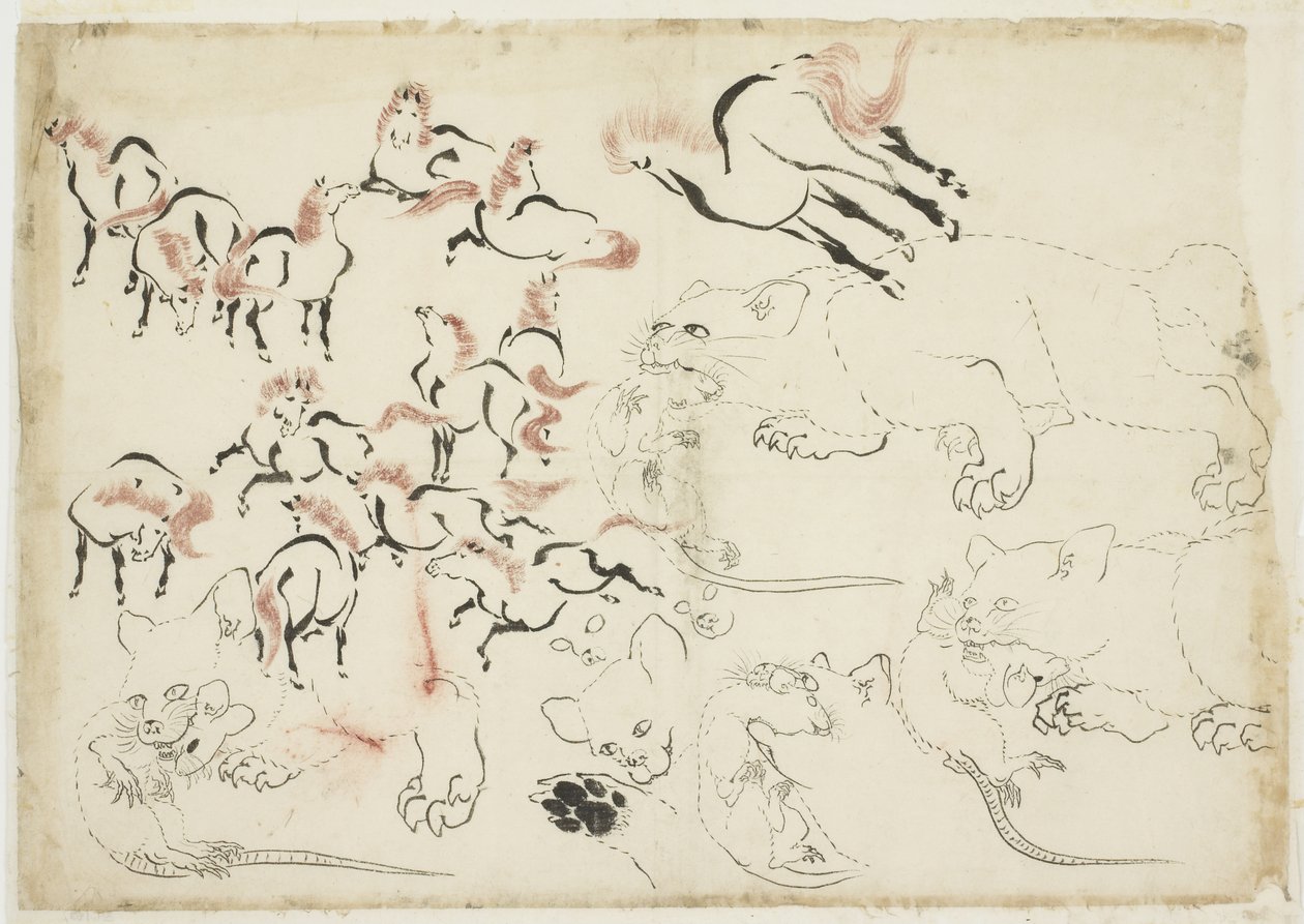 Atlar, Kediler ve Sıçanlar Çalışmaları "Hokusai Manga"), c.1815-1849 (kağıt üzerinde mürekkep ve renk) by Katsushika Hokusai