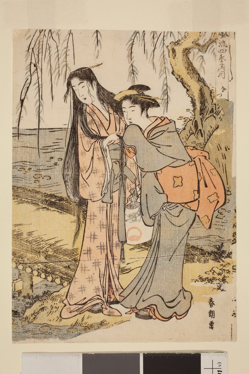 Yaz: Bir Dere Kenarında İki Kadın, Dört Mevsimdeki Zarif Ay serisinden by Katsushika Hokusai