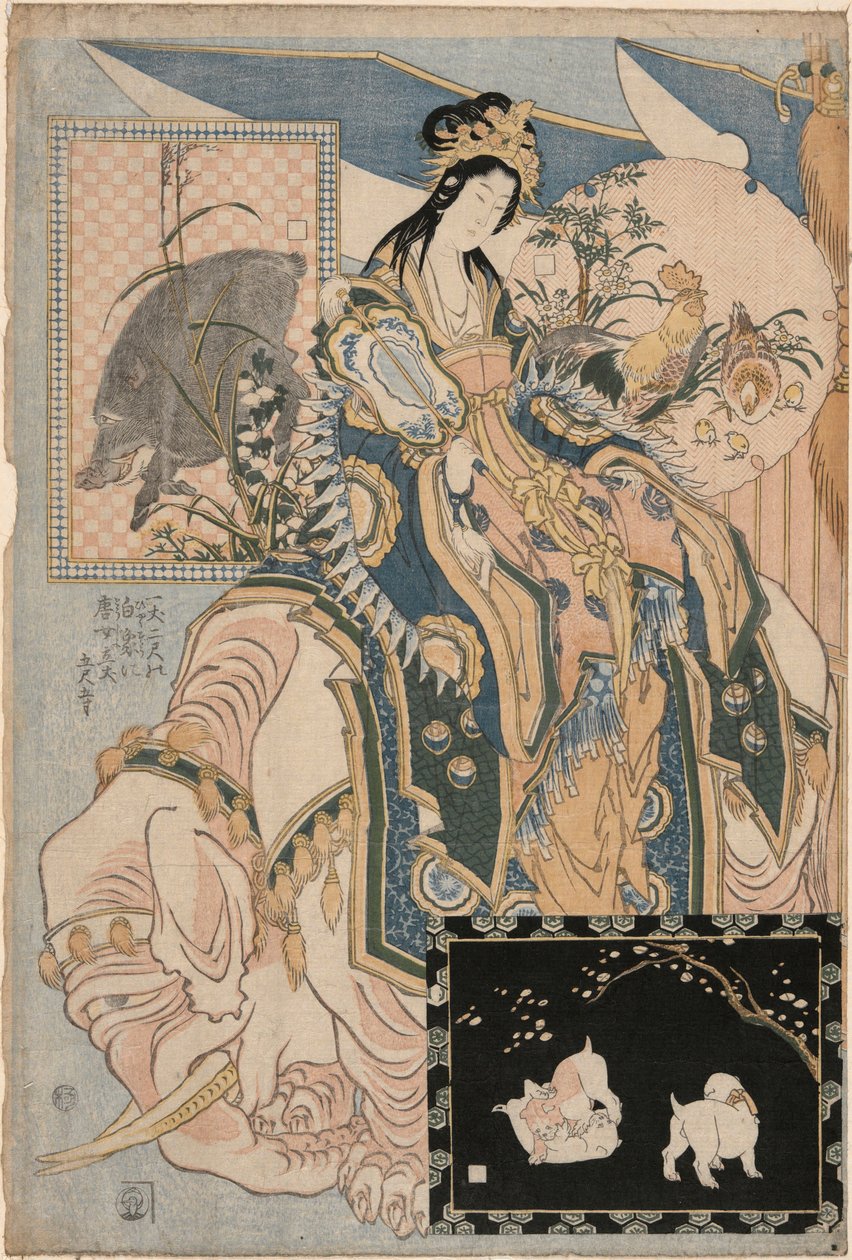 Beyaz Fil Üzerinde Tang Lady, Adil Bir Cazibe Alanında Bir Reklam Dev Hasır İşleri by Katsushika Hokusai