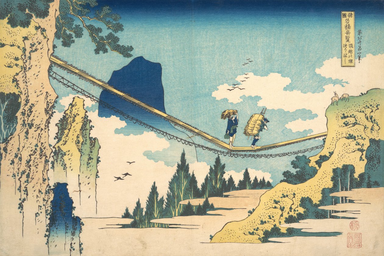 Hida ve Etchu İlleri Sınırındaki Asma Köprü Hietsu no sakai tsuri..., ca. 1830. by Katsushika Hokusai